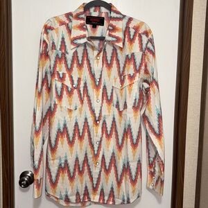 Rock and Roll Denim Modern Fit Snap Shirt Western Aztec Zigzag Print Large